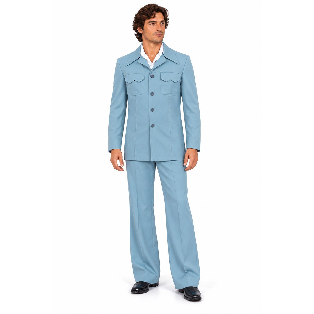 Vintage 70s John Pomer Sky Blue Polyester Leisure Suit Men’s 42 Jacket 33" Waist