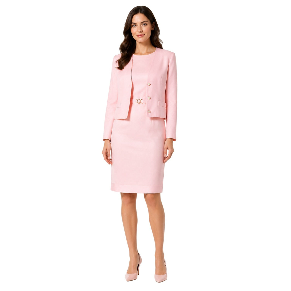 Vintage 1980s Pink Shantung Dress & Jacket Set Gold Belt Women's Small
