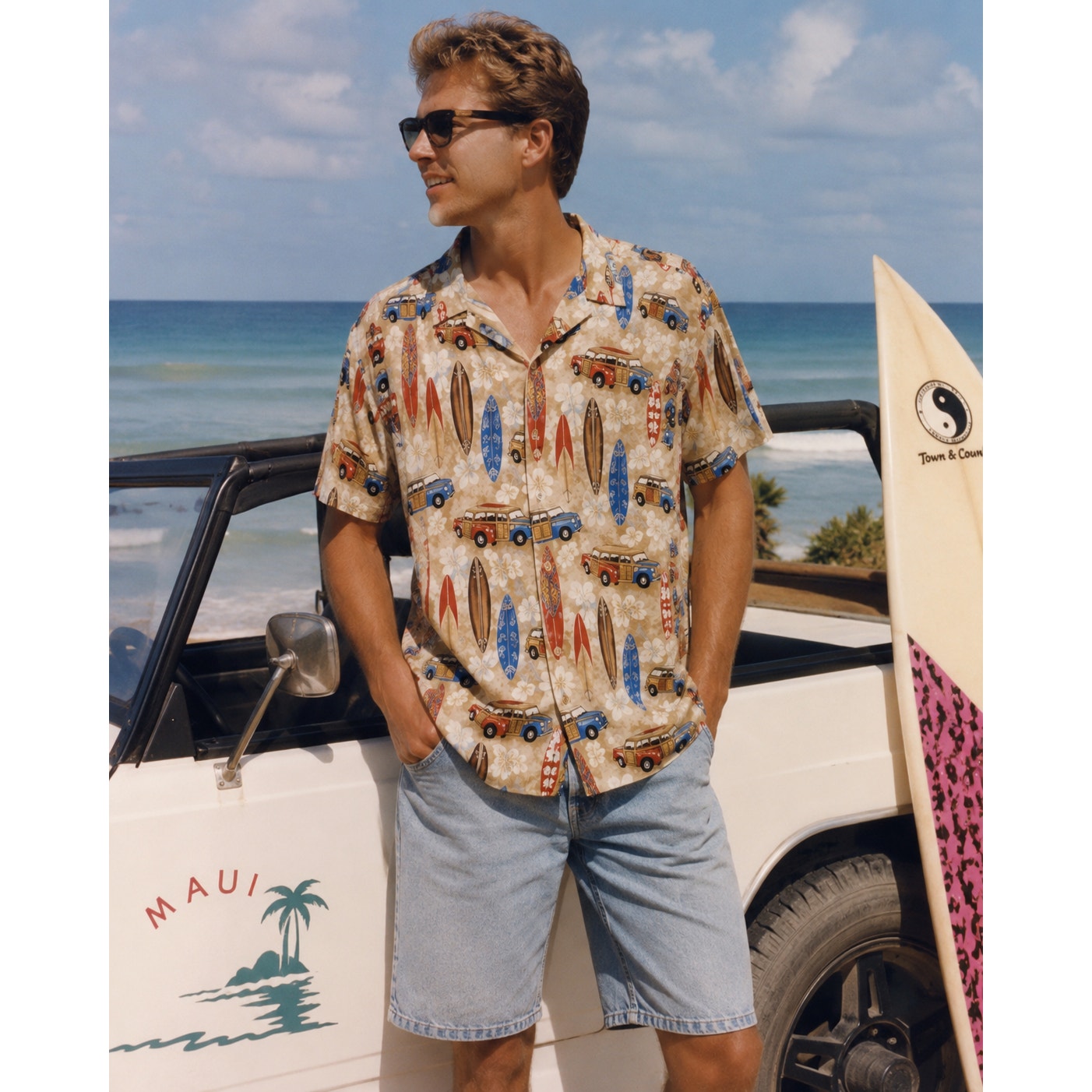 Vintage 90s Hawaii Surfboard Woodie Wagon Hawaiian Cotton Camp Shirt Large