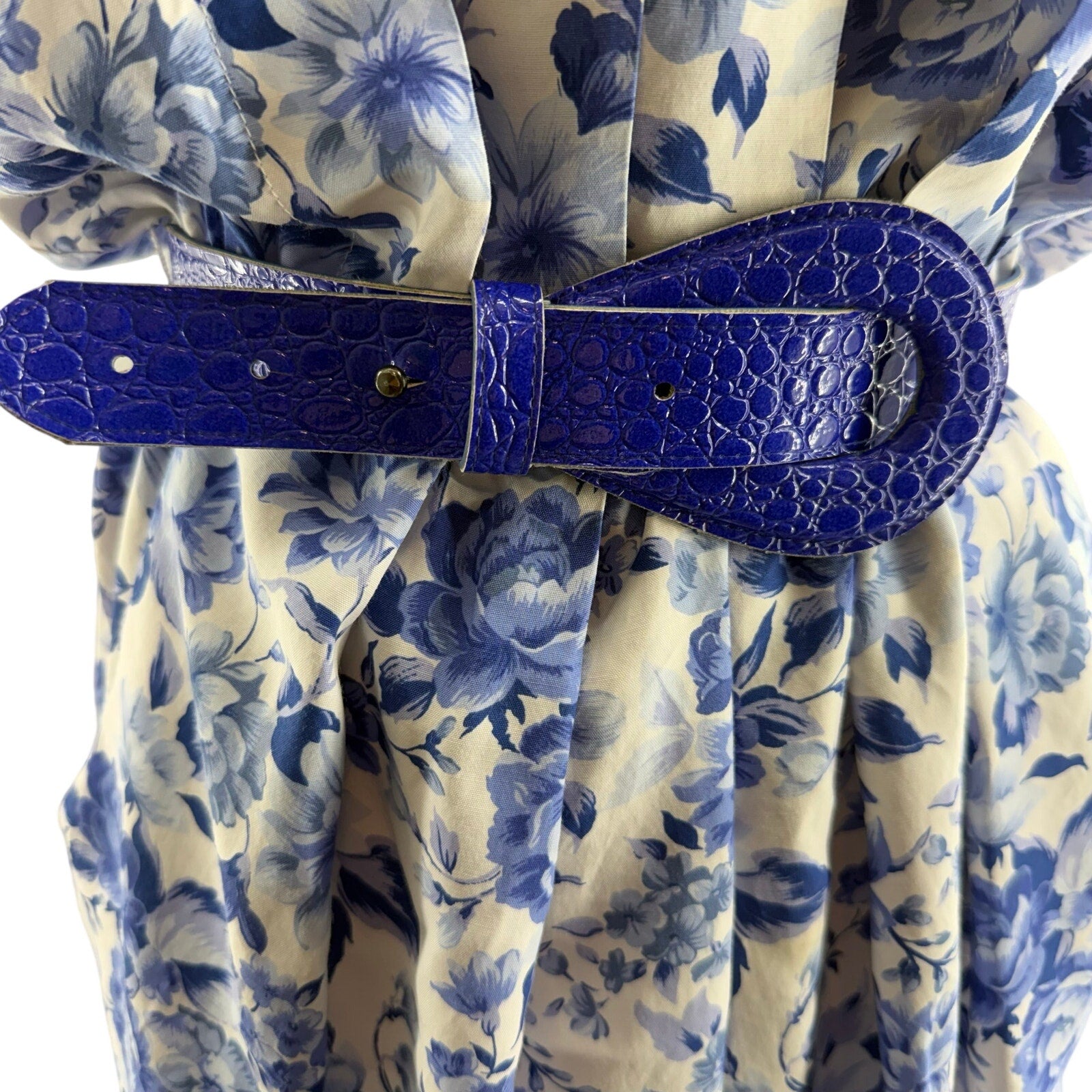 Vintage 90s Womens 12 Karin Stevens Blue Floral Rayon Midi Dress Belted