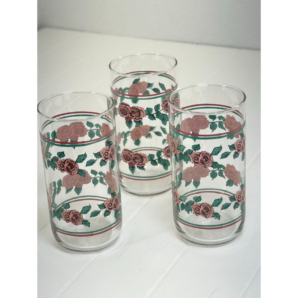 Vintage 80s Libbey Pink Rose Floral Tumblers Set of 3 Glasses 6" Tea Juice