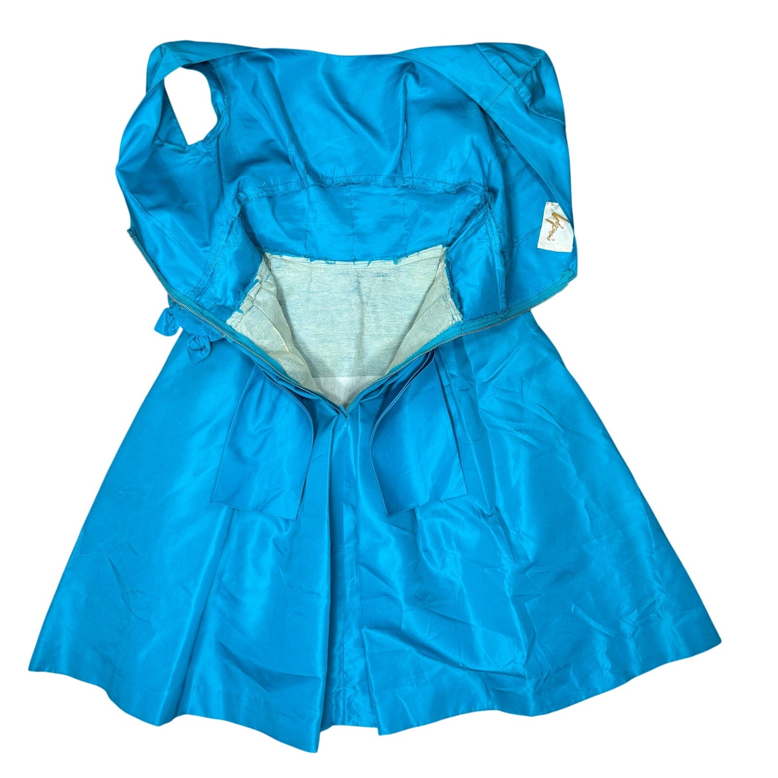 Vintage 50s Blue Cocktail Dress Lipman's Back Bow Floral Detail Women's XS