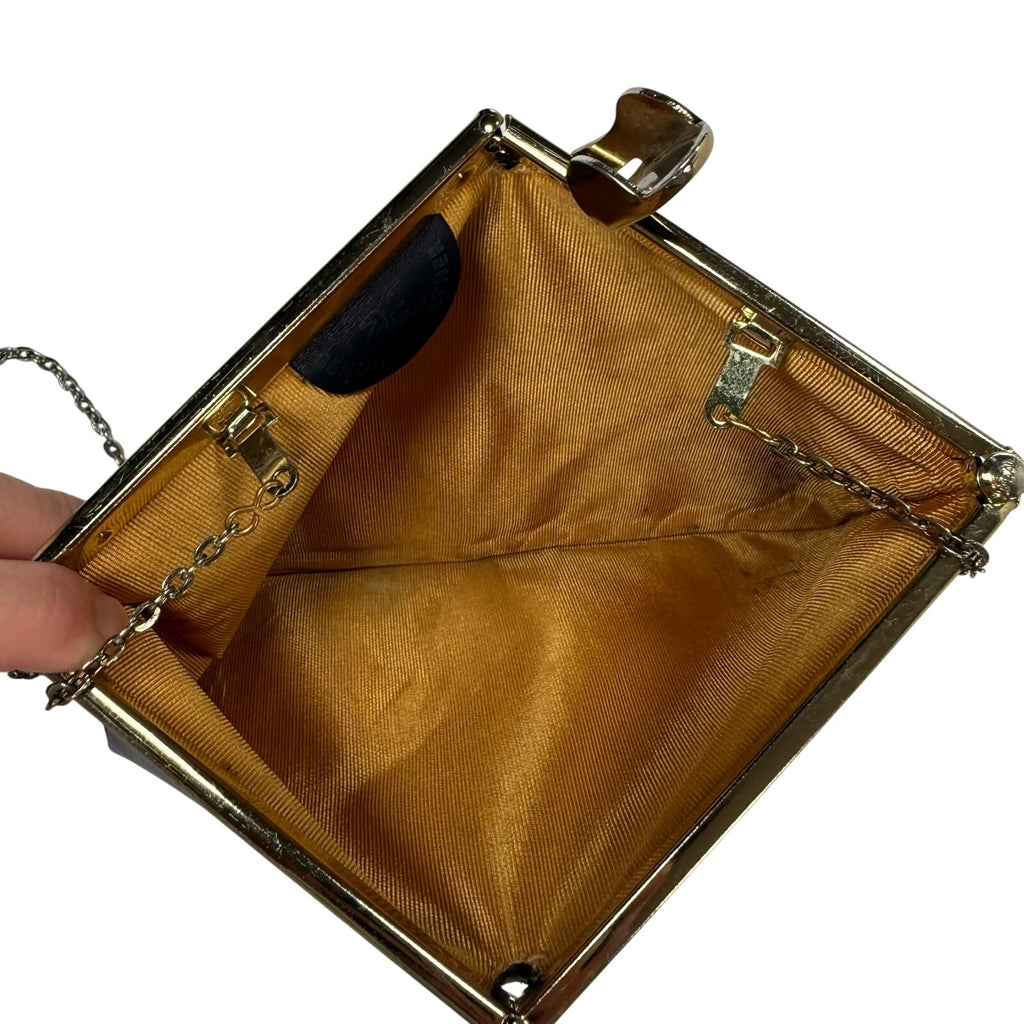 Vintage 60s Etra Navy Leather Clutch Purse w/ Gold Chain Strap