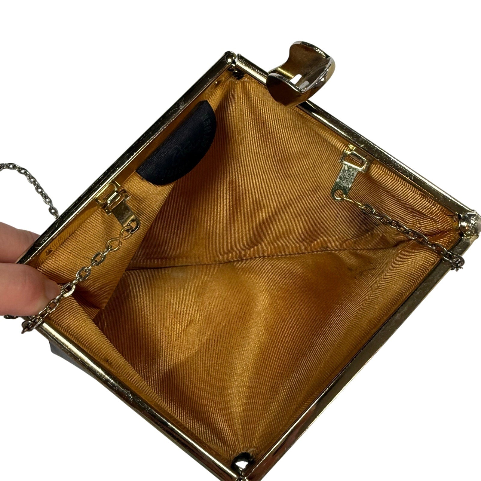 Vintage 60s Etra Navy Leather Clutch Purse w/ Gold Chain Strap