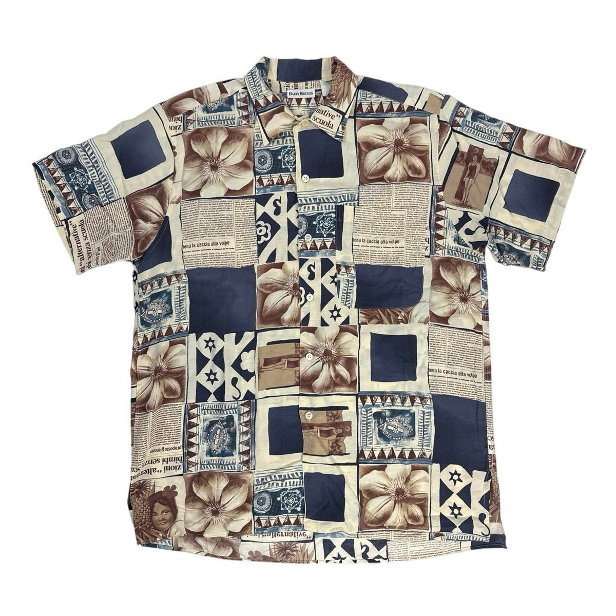 Vintage 80s Barry Bricken Navy Patchwork Rayon Shirt Men’s Medium 46 Chest