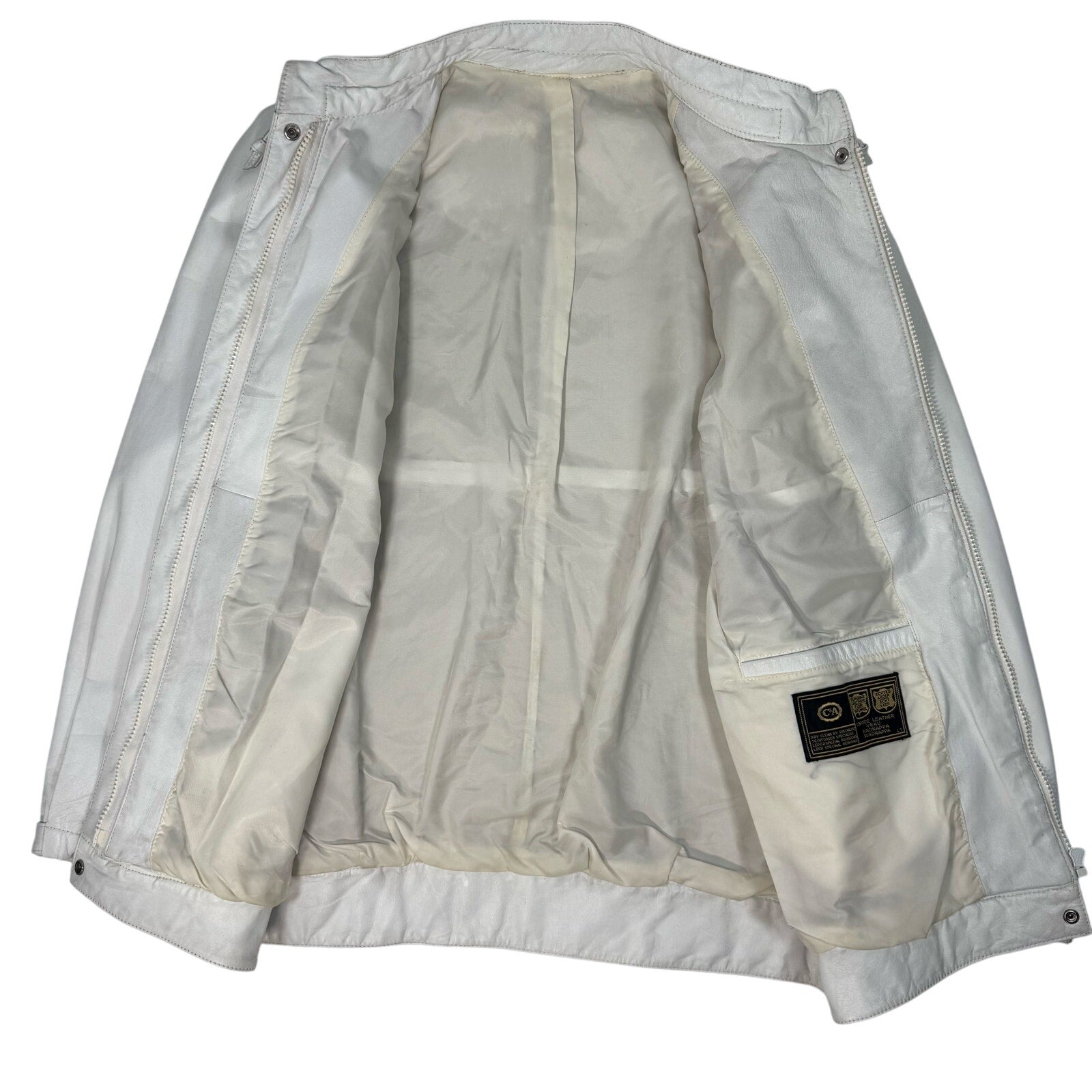 Vintage80s Women's Large White Leather Jacket Bomber Mock Collar Back Stitch