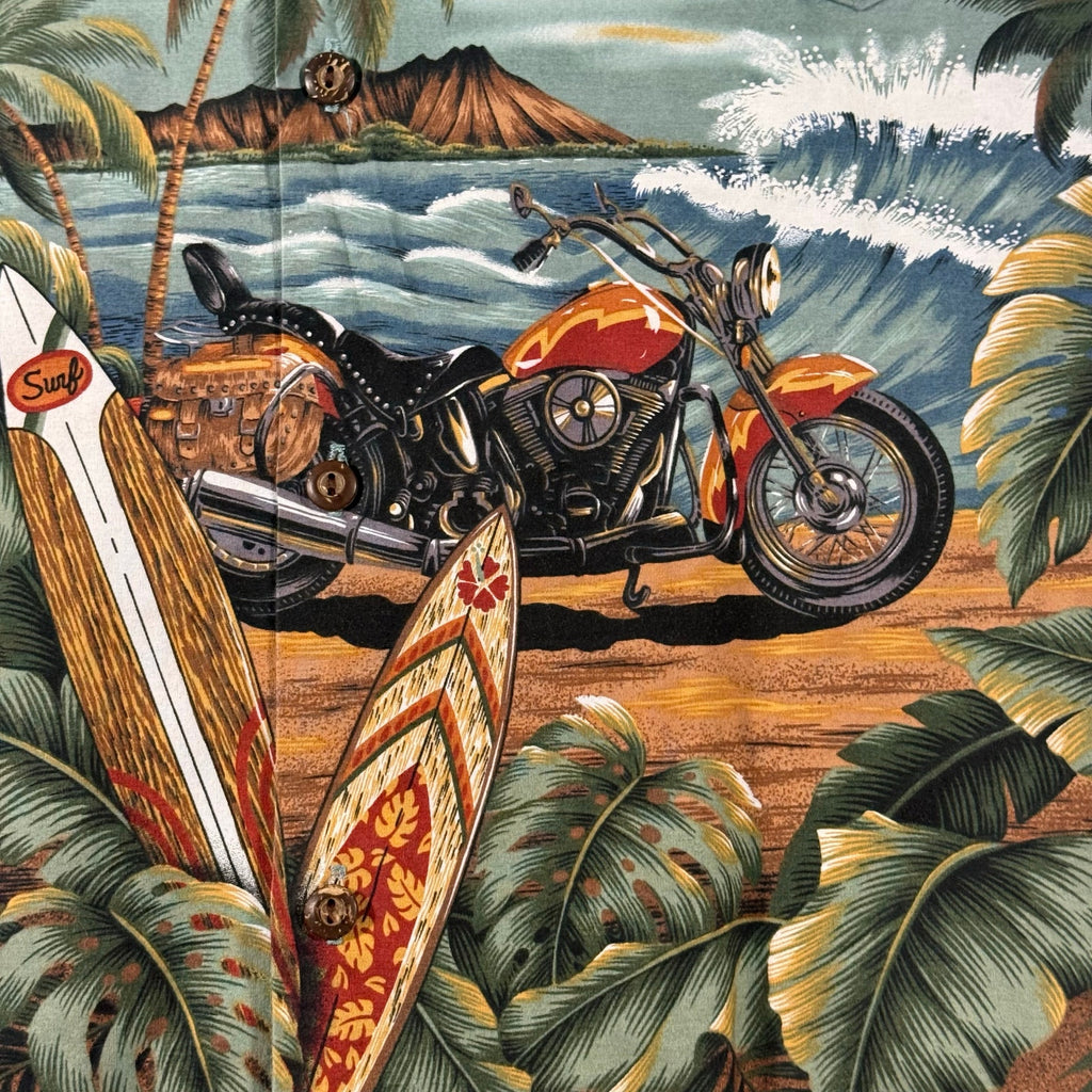 Vintage 90s Hawaiian Button Down Shirt Men's Large Surfboard Motorcycle USA Made