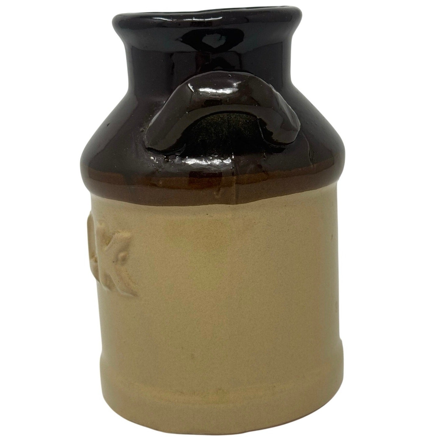 Vintage 70s Stoneware Milk Jug Brown Tan Glaze Rustic Farmhouse Decor