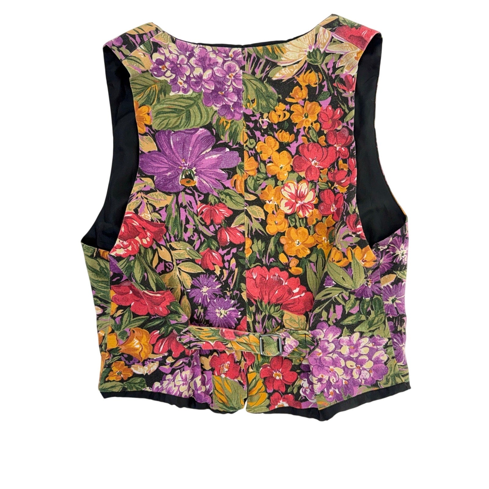 Vintage 80s Floral Tapestry Vest Black Adjustable Back Women's Small Boho
