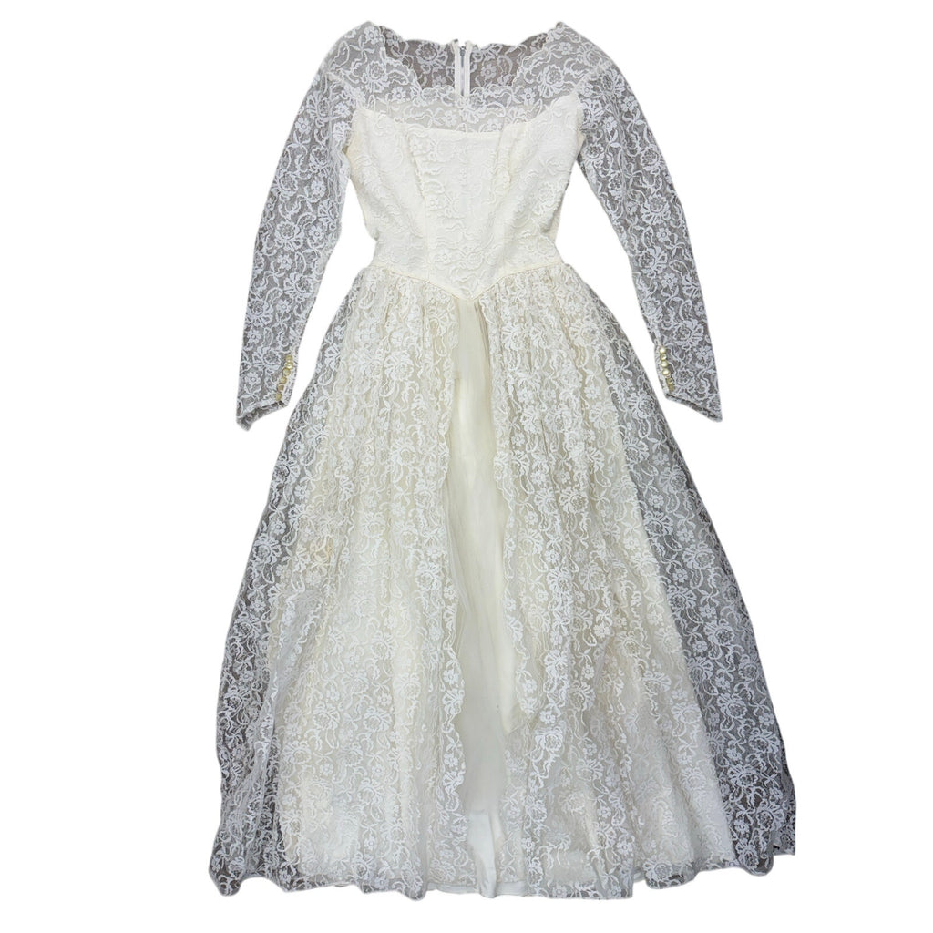 Vintage 1960s White Lace Wedding Dress Long Sleeve Floor Length XS S