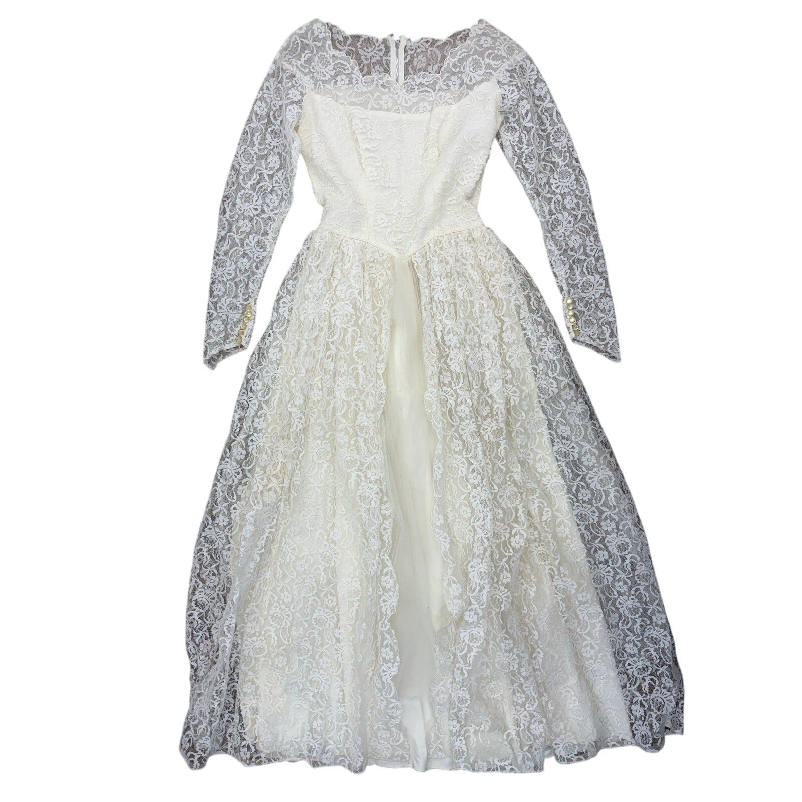 Vintage 1960s White Lace Wedding Dress Long Sleeve Floor Length XS S