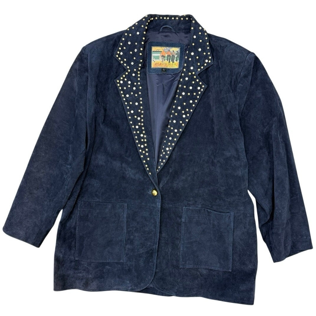 Vintage 90s Women's Large Navy Suede Leather Blazer Jacket Studded Lined