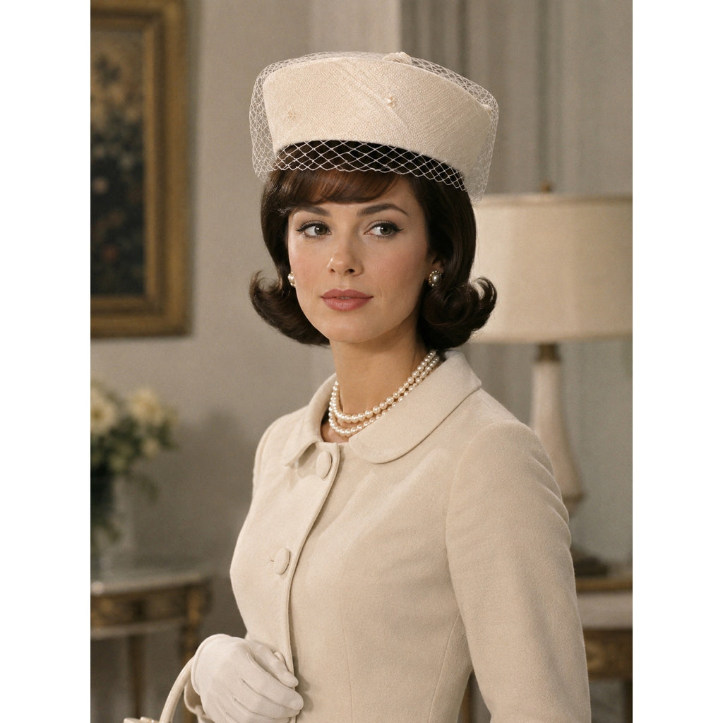 Vintage 1960s Clover Lane Ivory Pillbox Hat with Veil & Pink Bow