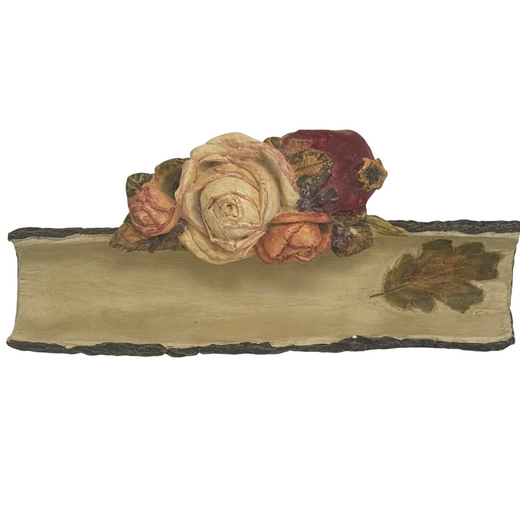 Vintage 90s Office Desk Pen Holder Resin Rustic Rose Floral Wood 8x4