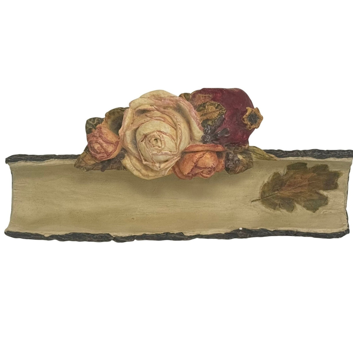 Vintage 90s Office Desk Pen Holder Resin Rustic Rose Floral Wood 8x4