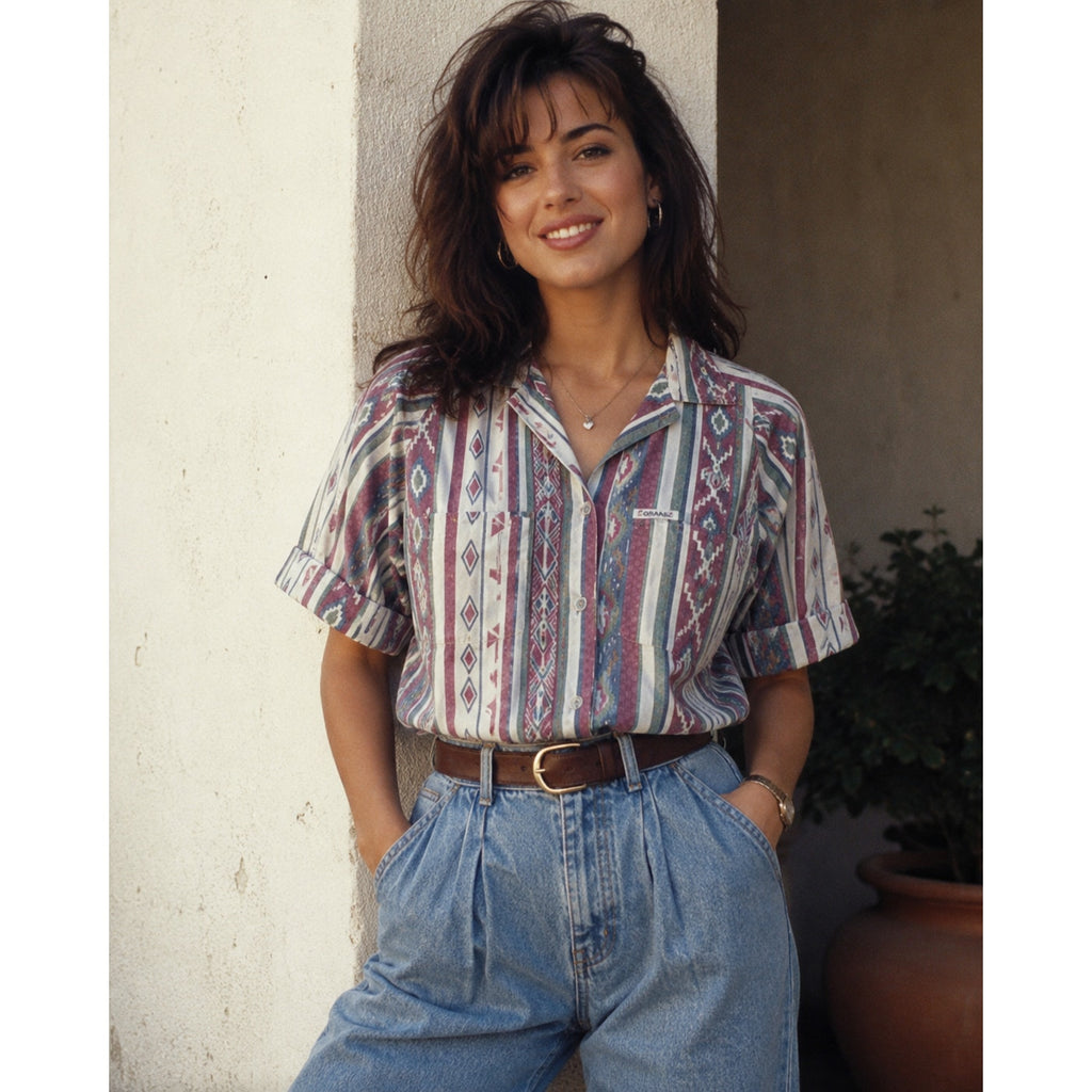 Vintage 90s Cabrais Geometric Tribal Cotton Button Front Blouse Women's Medium