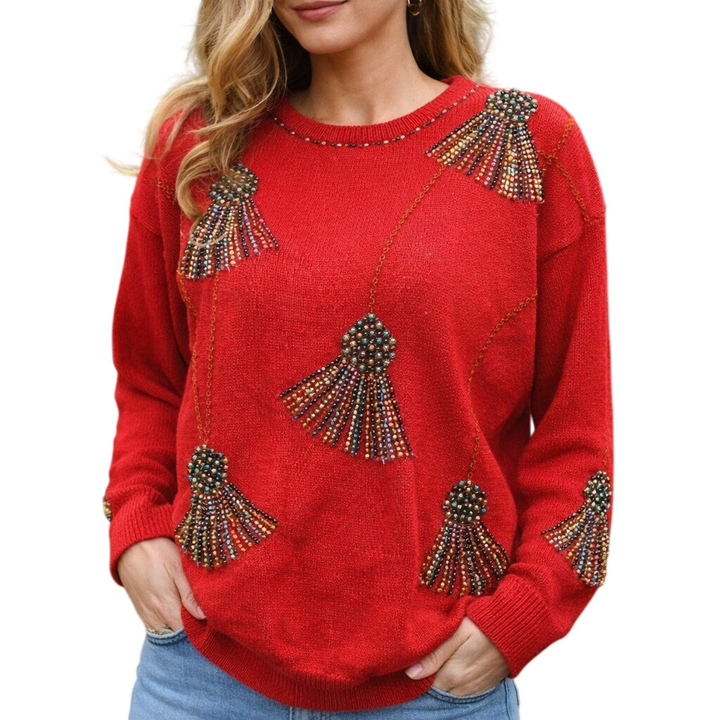 Vintage 80s Womens Medium Victoria Harbour Red Beaded Sweater Shoulder Pads