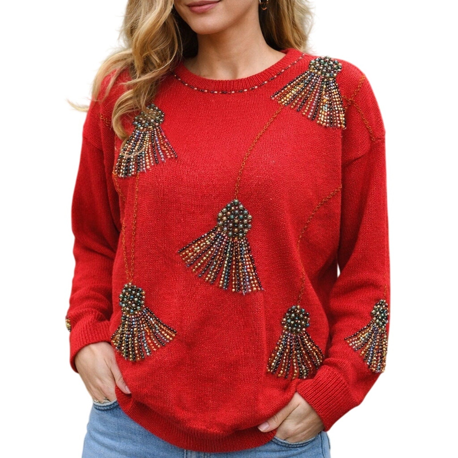 Vintage 80s Womens Medium Victoria Harbour Red Beaded Sweater Shoulder Pads
