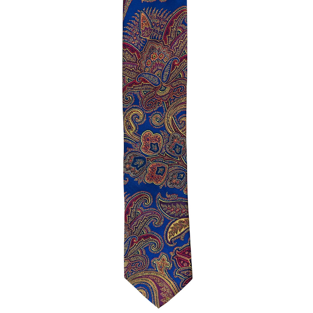 Vintage 90s Dion Signature Silk Paisley Tie Blue Red Gold Italian 60.5x3.25