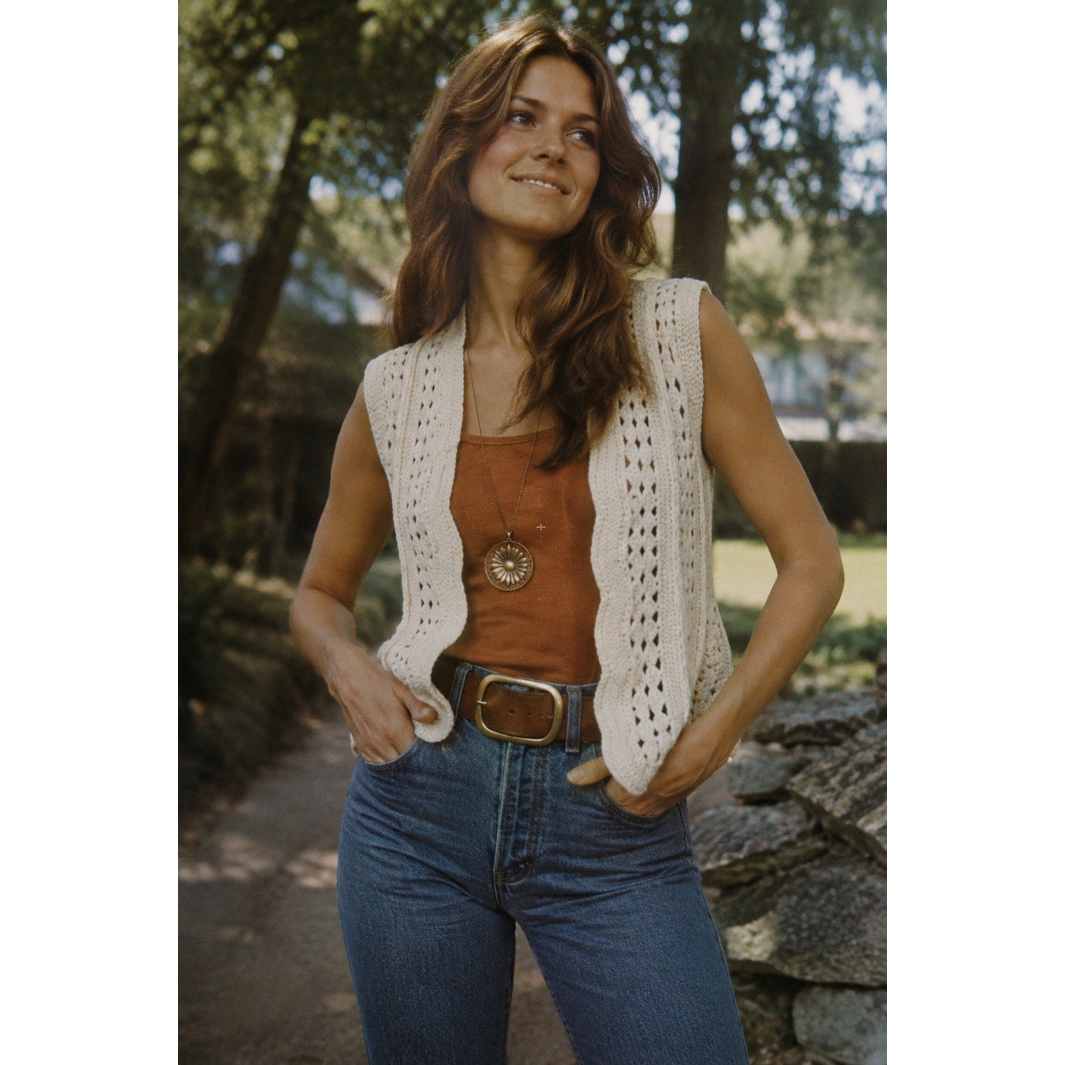 Vintage 70s Hand Crochet Cream Acrylic Boho Open Front Sweater Vest