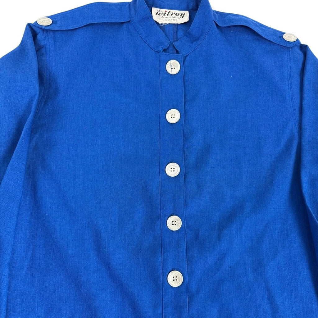 Vintage 80s Wilroy Traveller Royal Blue Button Front Shirt Dress Womens Medium