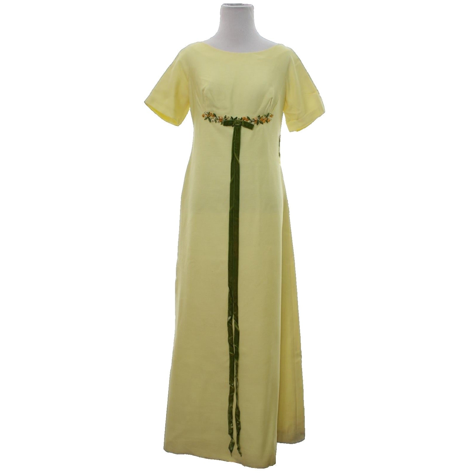 Vintage 60s Women's XS Yellow Empire Waist Maxi Dress Floral Velvet Ribbon