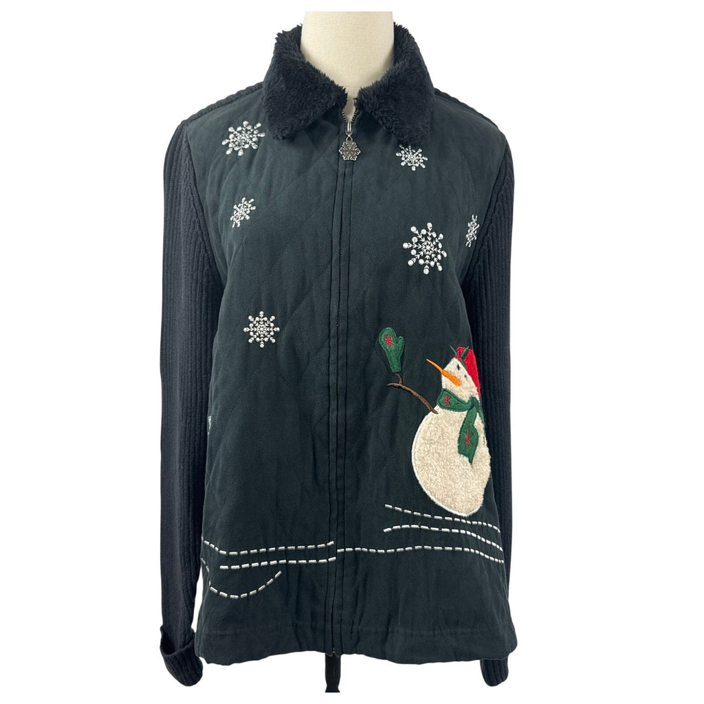 Vintage 80s Breckenridge Black Snowman Christmas Zip Cardigan Women’s 1X