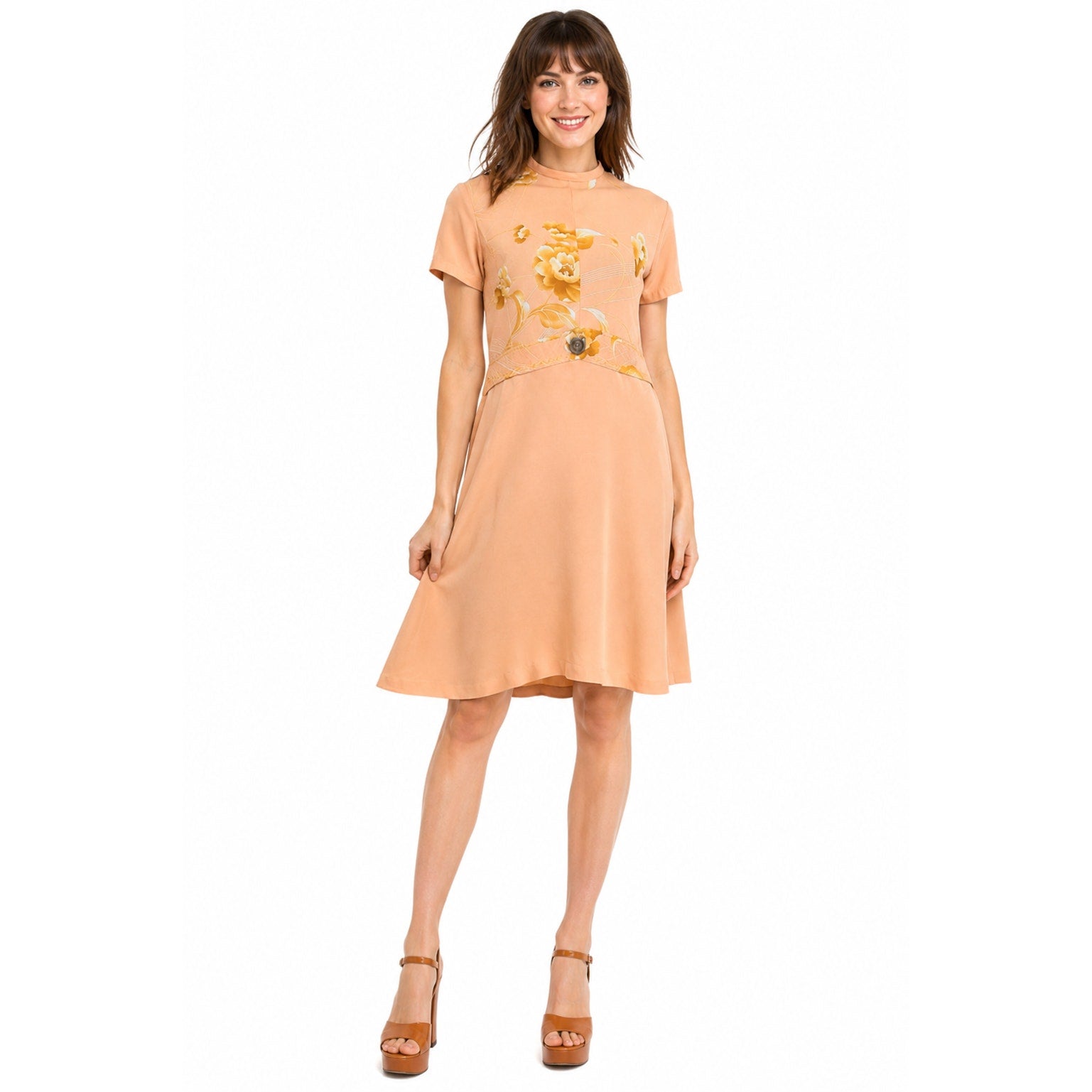 Vintage 70s Peach Floral Polyester Knit Mini Dress Women's Small Home Sewn