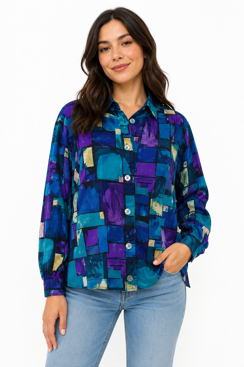 Vintage 80s Women's Medium Sears Geometric Blouse Purple Teal Button Front Shirt