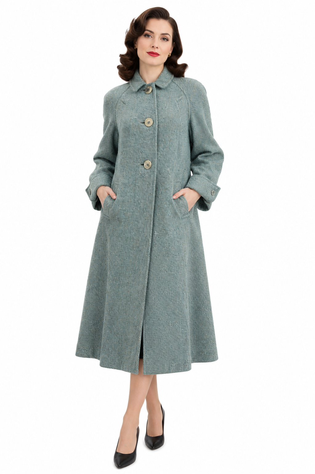Vintage 1950s Women's Medium Aqua Green Gray Tweed Wool Coat A-Line 40 Bust