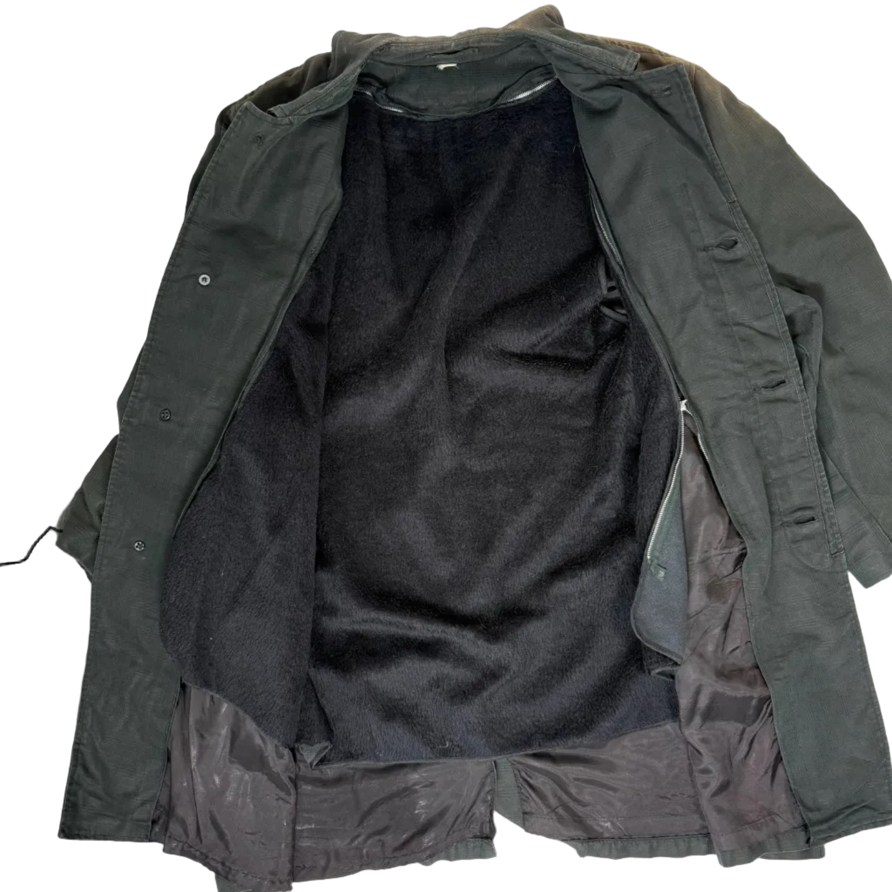 Green jacket with black lining on a white background