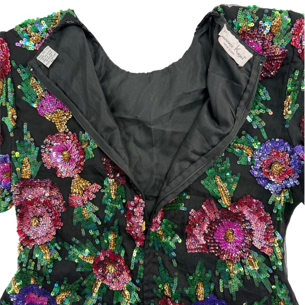 Vintage 80s Laurence Kazar PXL Silk Beaded Sequin Floral Evening Blouse