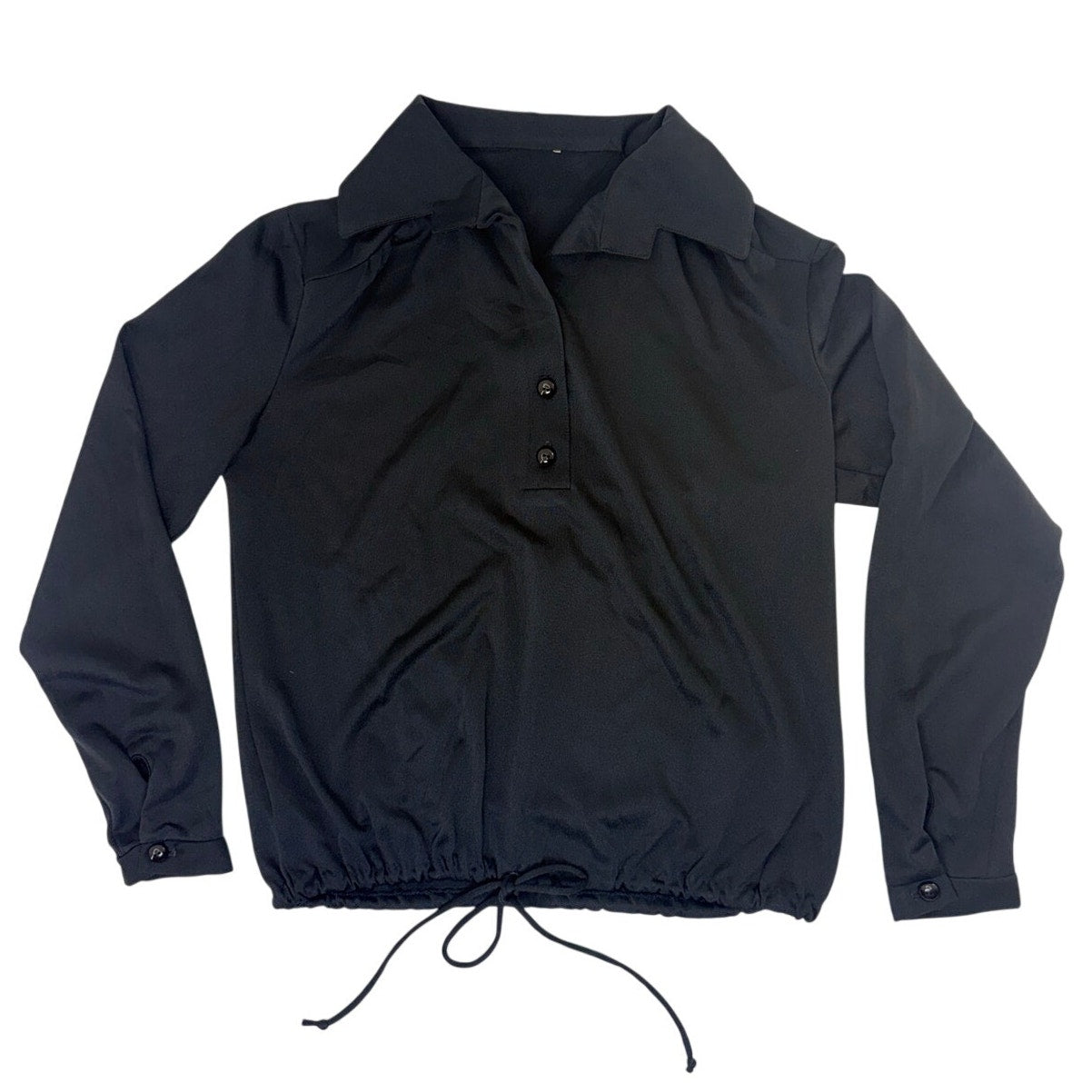 Vintage 90s Black Drawstring Hem Stretch Knit Blouse Women's Small