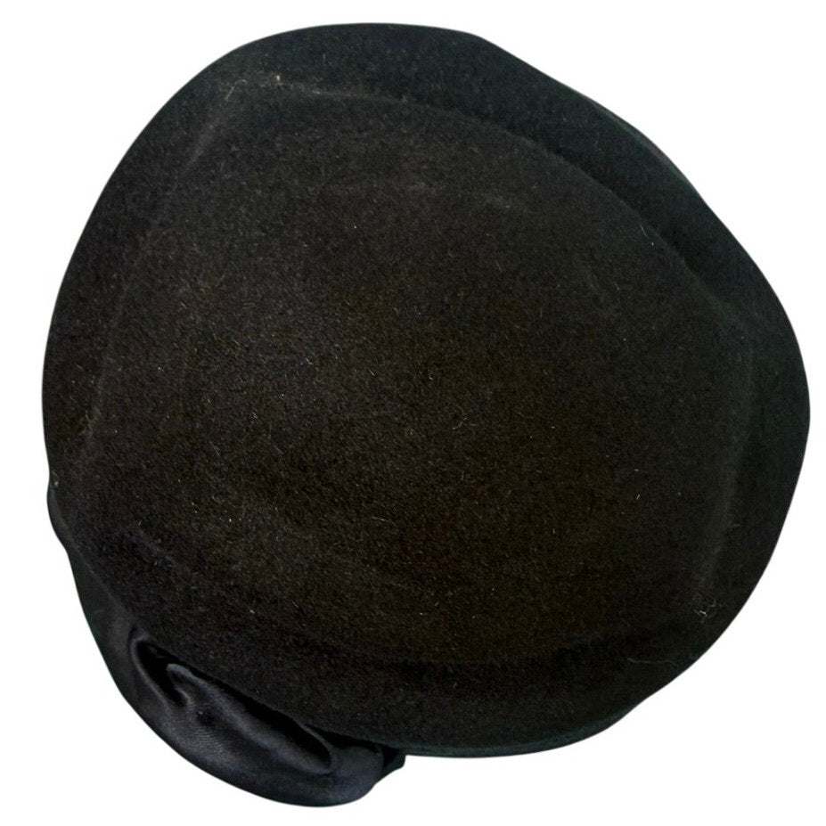 Vintage 1950s Black Wool Cloche Hat New York Creations Satin Rose Size 7