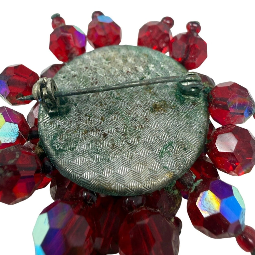 Vintage 1960s Ruby Red AB Glass Bead Cluster Brooch Pin 2.5”