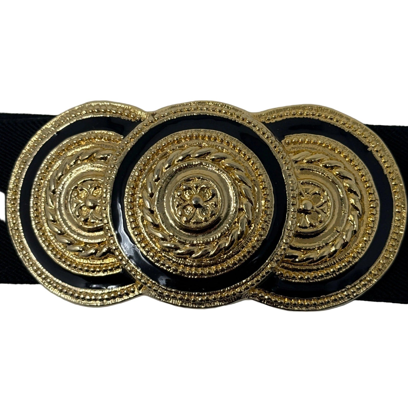 Vintage 80s Nan Lewis Navy Stretch Belt Gold Enamel Medallion Buckle