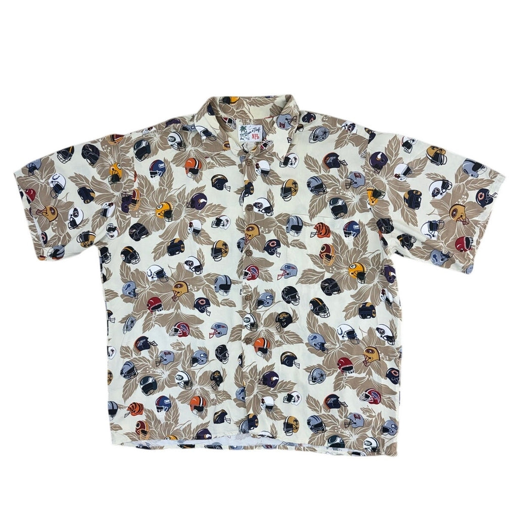 Vintage 90s Sun & Turf NFL Helmet Print Rayon Hawaiian Camp Shirt Men's XXL