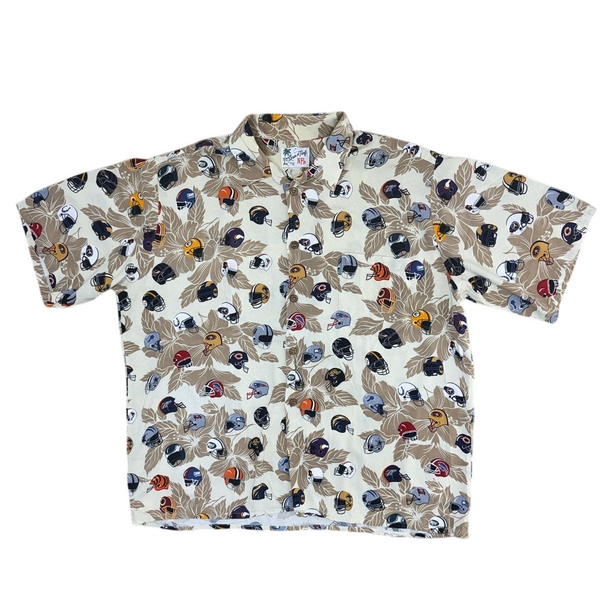 Vintage 90s Sun & Turf NFL Helmet Print Rayon Hawaiian Camp Shirt Men's XXL