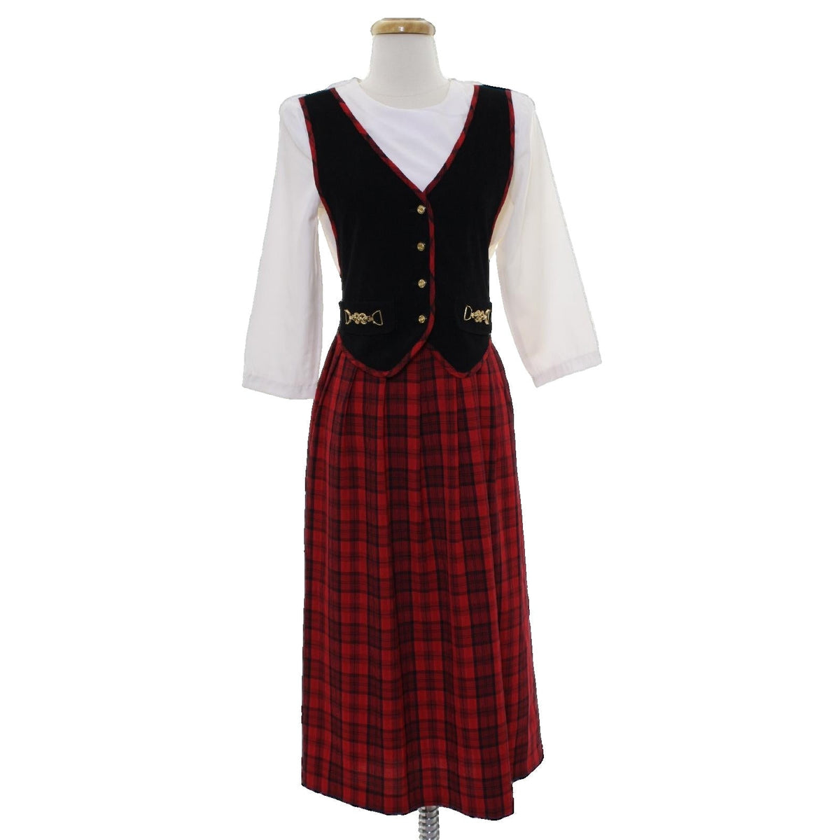 Vintage 80s Miss Dorby Plaid Faux Vest Pleated Midi Dress Women's Size 8