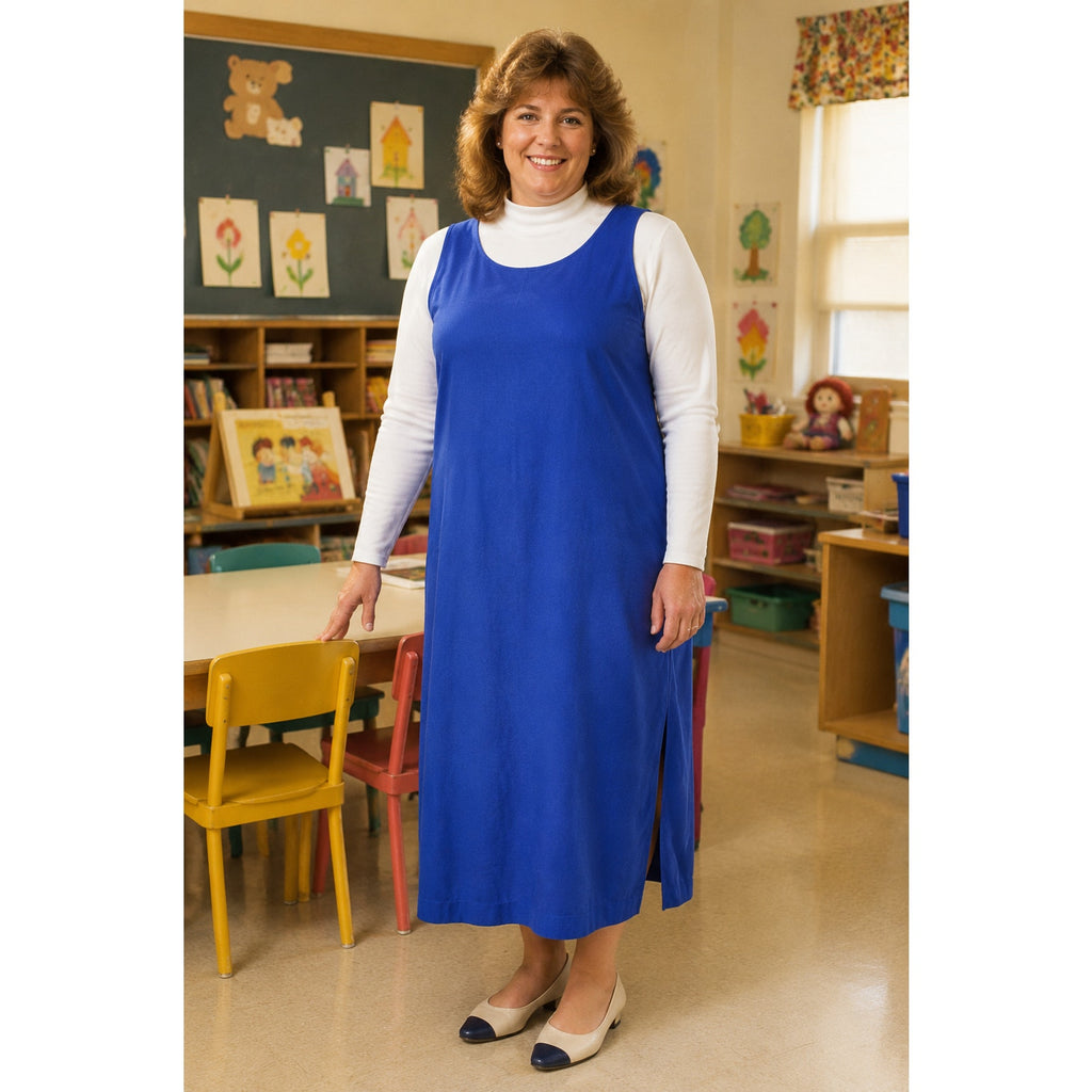 Vintage 1980s Royal Blue Shantung Sleeveless Midi Jumper Dress