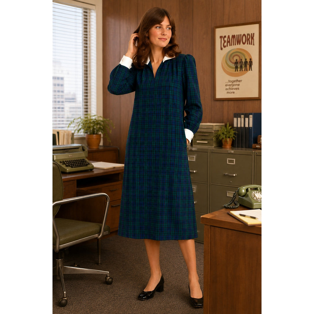 Vintage 70s Home Sewn Plaid Midi Dress Navy Green Cotton Pockets Women's Large