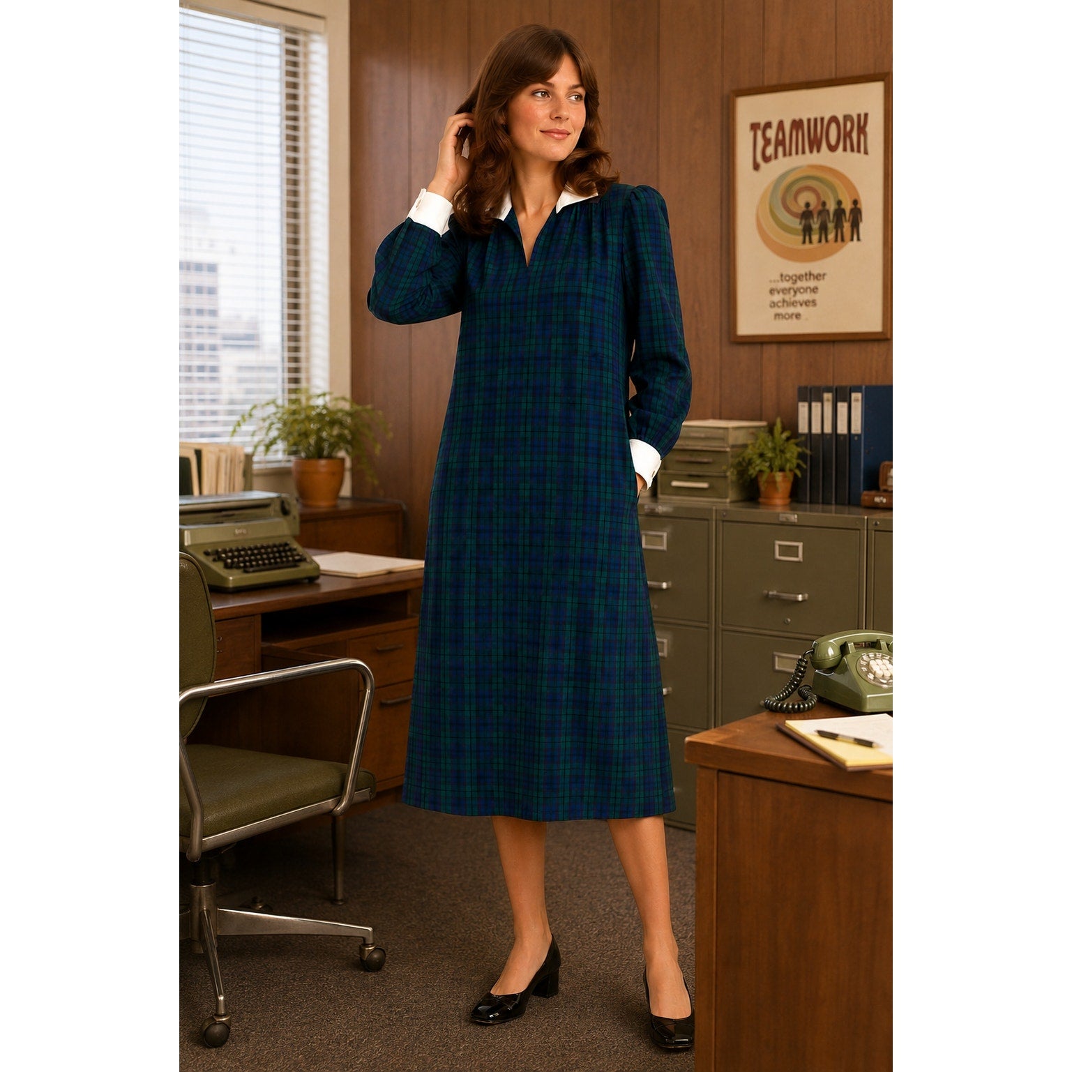 Vintage 70s Home Sewn Plaid Midi Dress Navy Green Cotton Pockets Women's Large