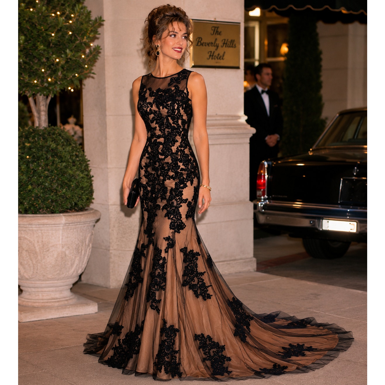 Vintage 90s Black Lace Mermaid Evening Gown Nude Illusion Formal Dress XS Petite