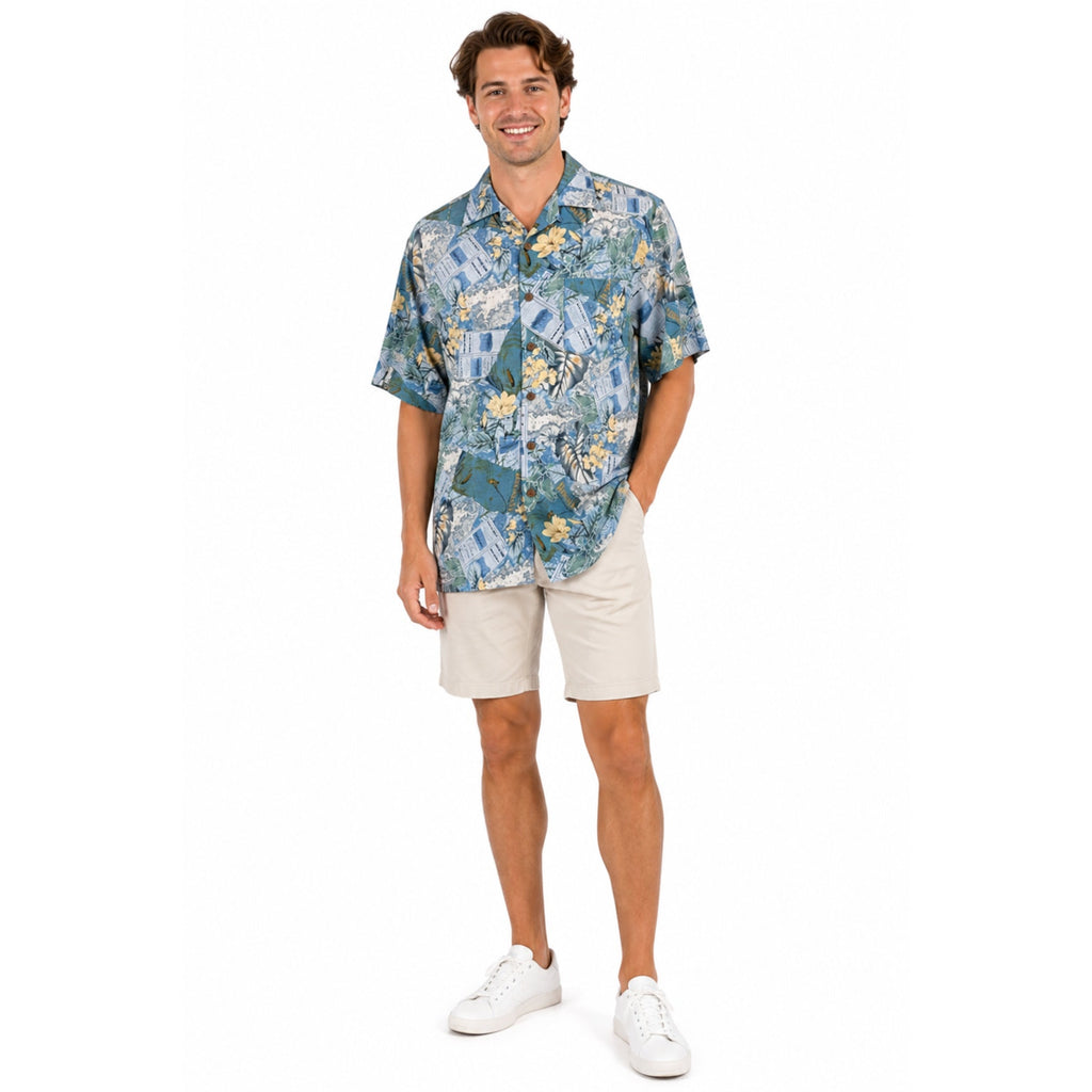 Vintage 90s Three Palms Silk Hawaiian Shirt Mens M Blue Tropical Aloha