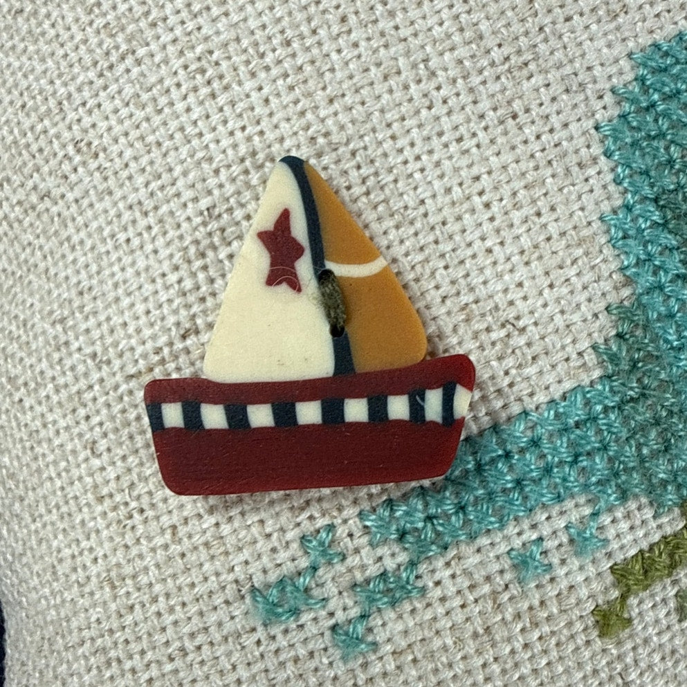 Vintage Patriotic Lighthouse Sailboat Stitched Throw Pillow 10.75”