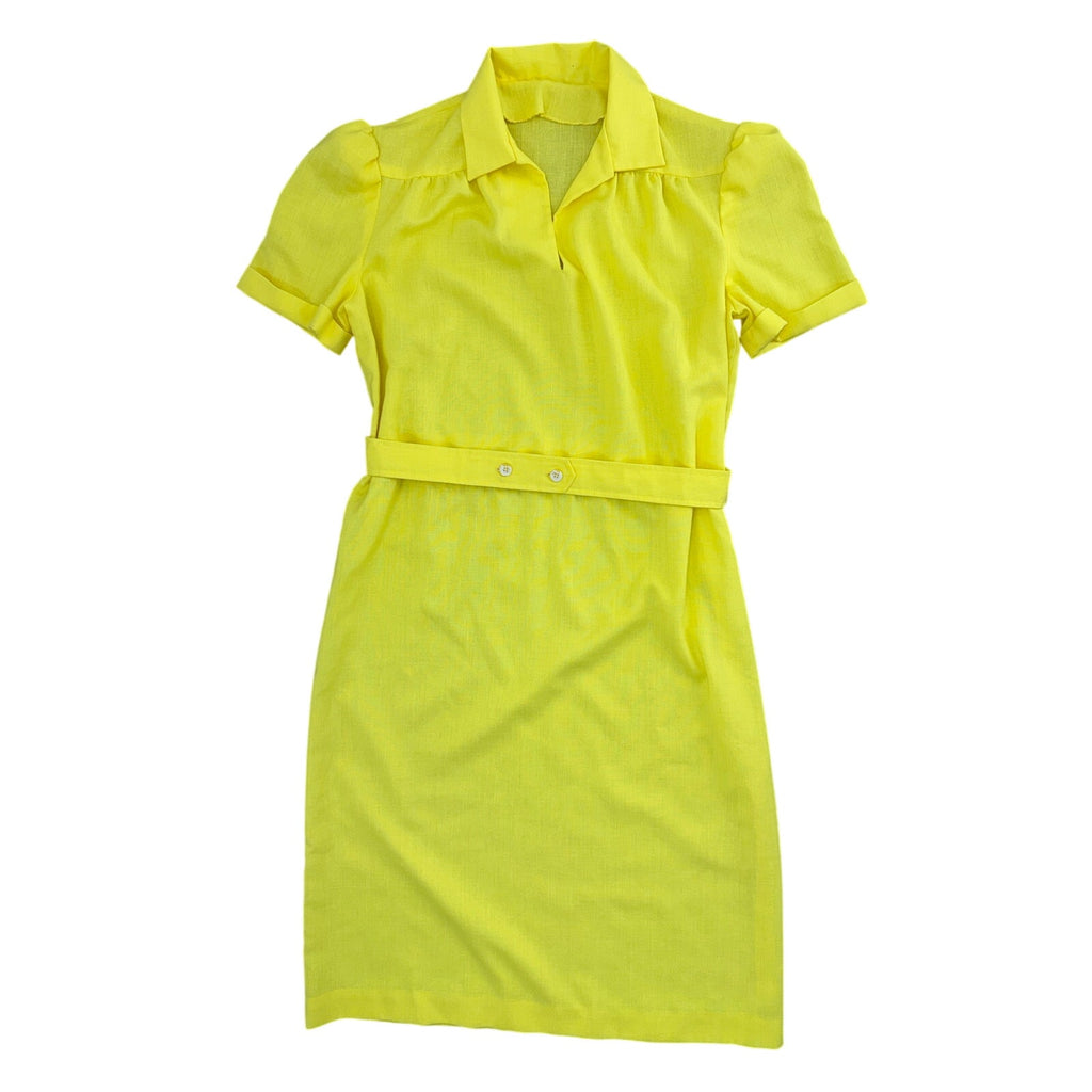 Vintage 70s Yellow Shirt Dress Cotton Belted Midi Collared Boho Women's Medium
