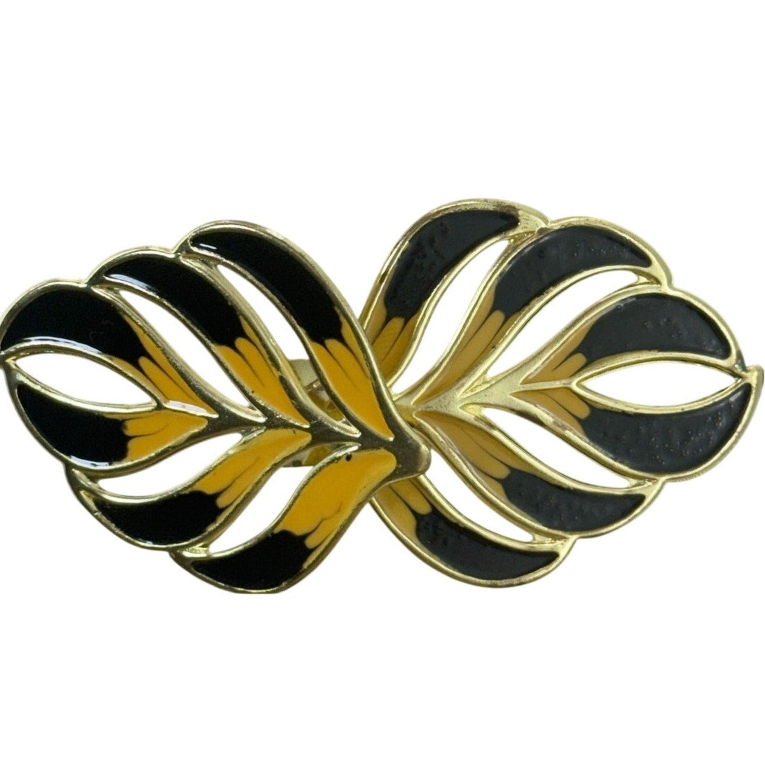 Vintage 80s Black Stretch Waist Belt Gold Leaf Buckle Wide Elastic 28”