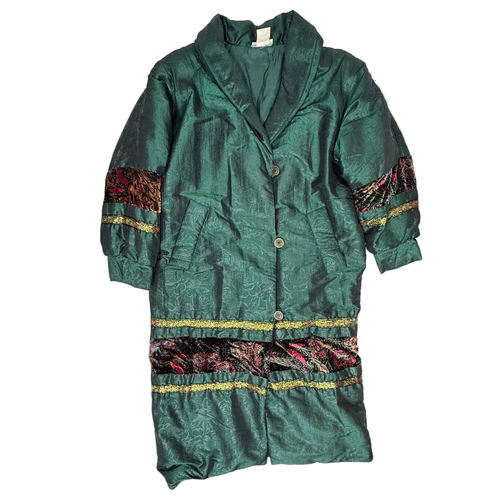 Vintage 80s Long Green Raincoat Jacket Floral Trim Midi Embroidered Women’s XL