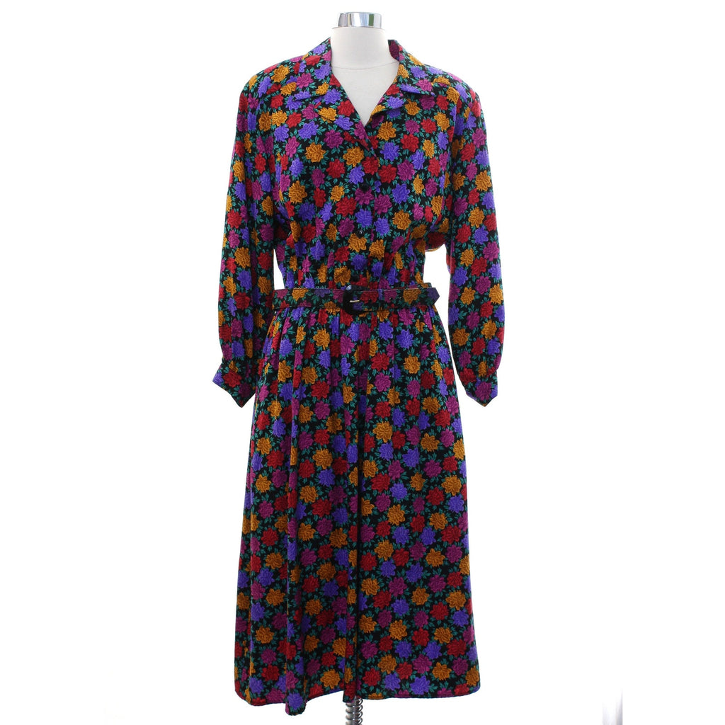 Vintage 80s Liz Claiborne Silk Floral Midi Dress Belted Petite 14 Purple