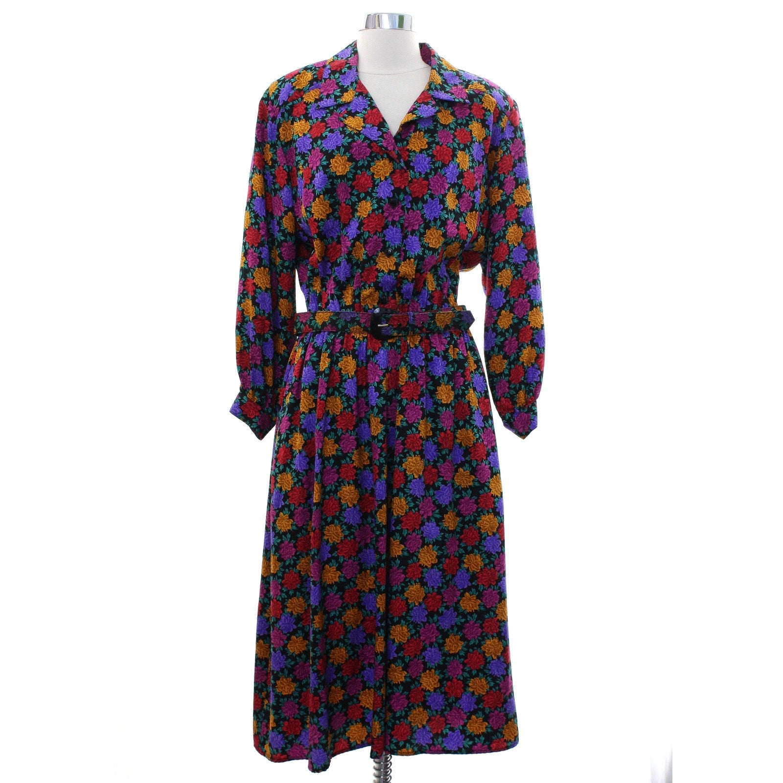 Vintage 80s Liz Claiborne Silk Floral Midi Dress Belted Petite 14 Purple